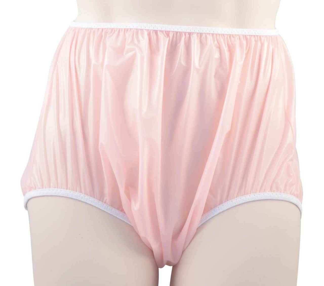 Soft pink pull-on plastic pants with elastic waistband and elastic leg openings