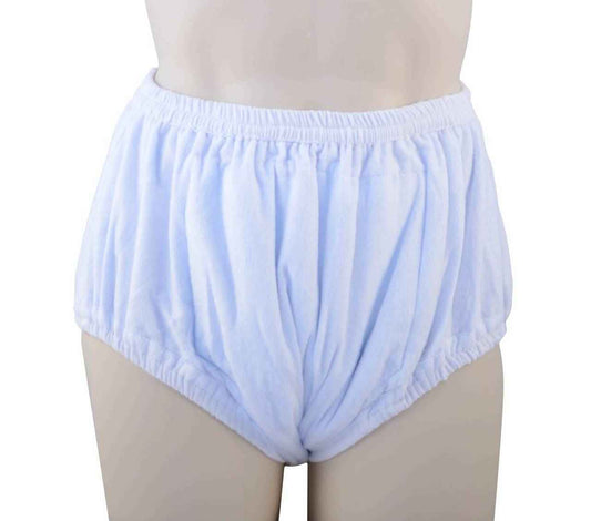 Light blue pull-on reusable adult cloth diaper with elastic waistband