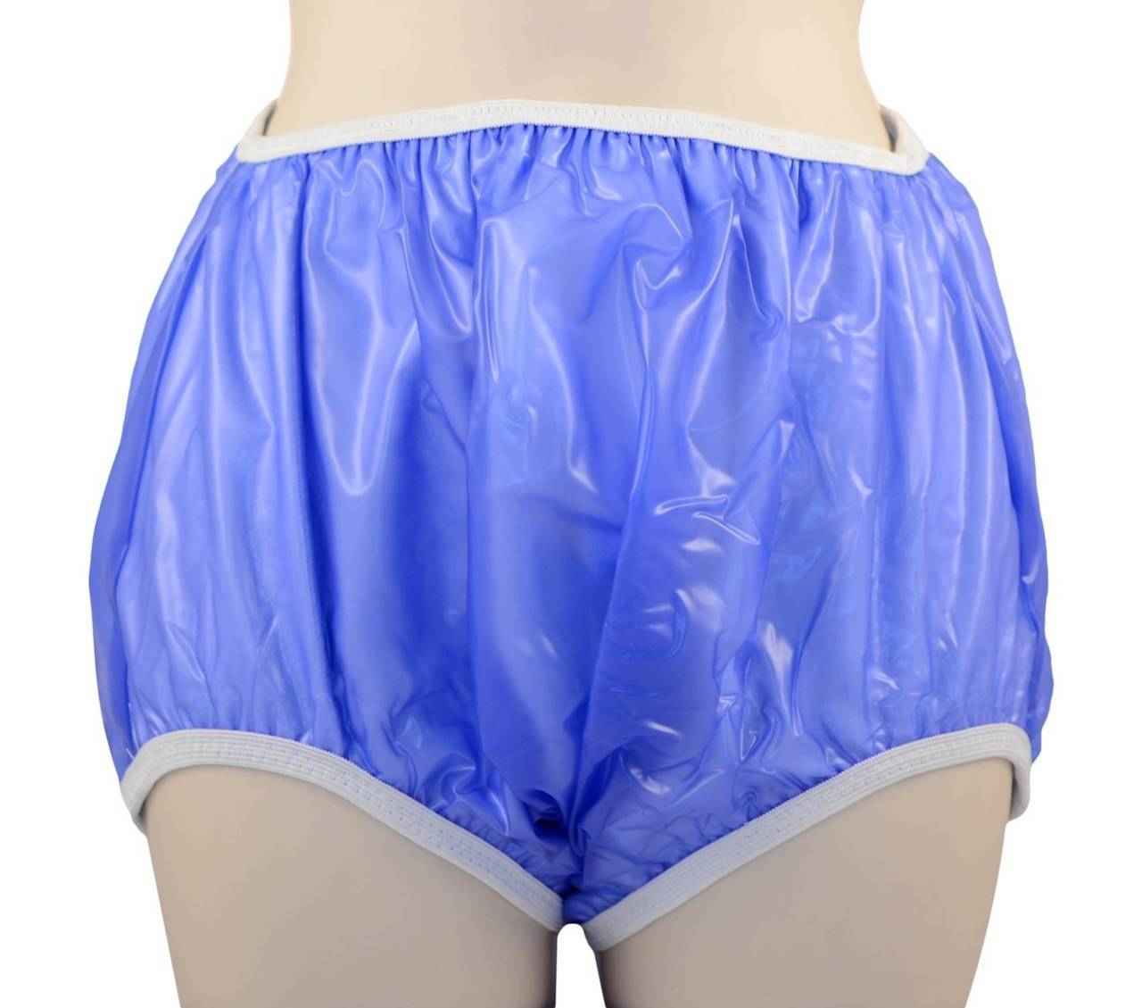 Sapphire blue pull-on terry lined plastic pants, elastic waistband, front