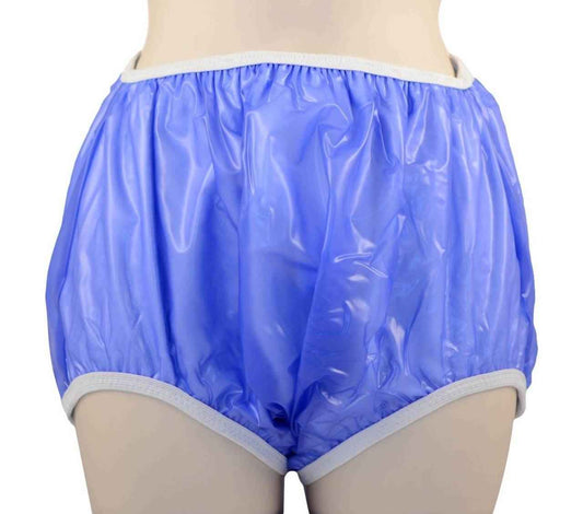 Sapphire blue pull-on terry lined plastic pants, elastic waistband, front
