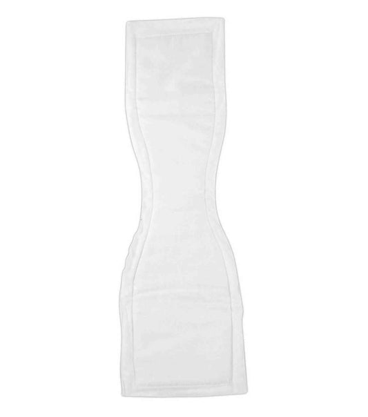 White reusable cloth incontinence booster pad, tapered shape with absorbent center panel