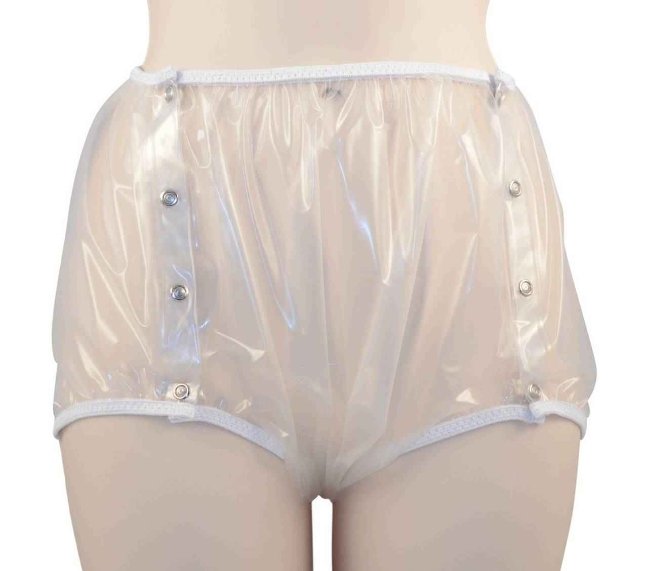 Clear urethane snap-on pants with elastic waistband and side snaps