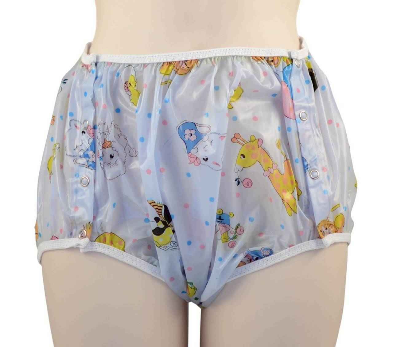 Light blue plastic snap-on pants with cute animal print, side snap buttons