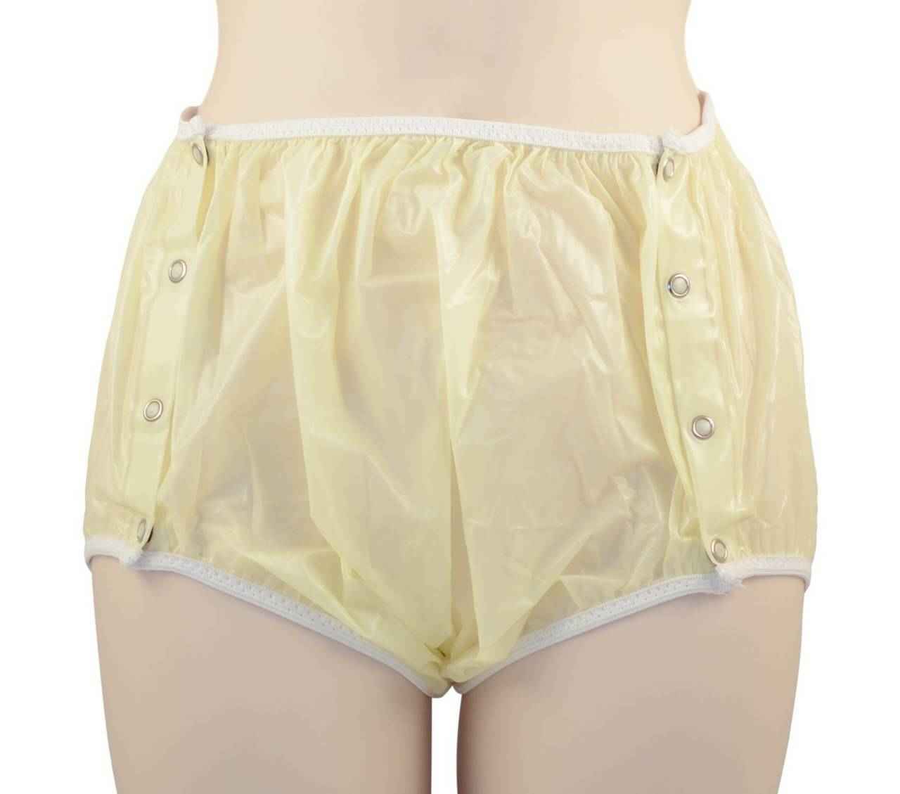 Translucent plastic snap-on pants, pastel yellow, snap buttons at sides