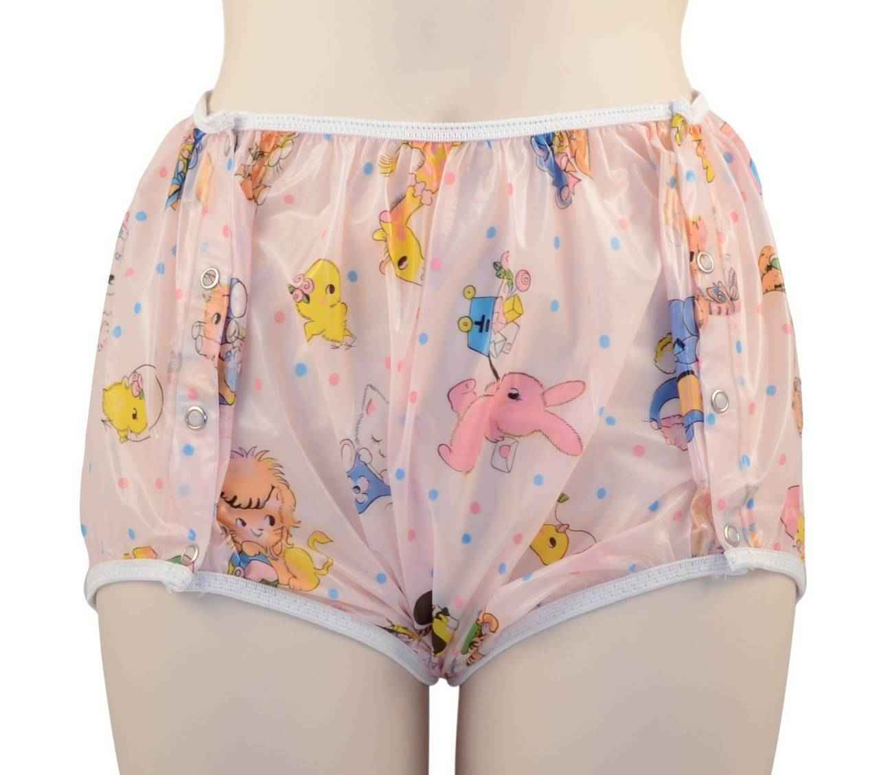 Soft pink plastic snap-on pants with cute animal print, side snap buttons