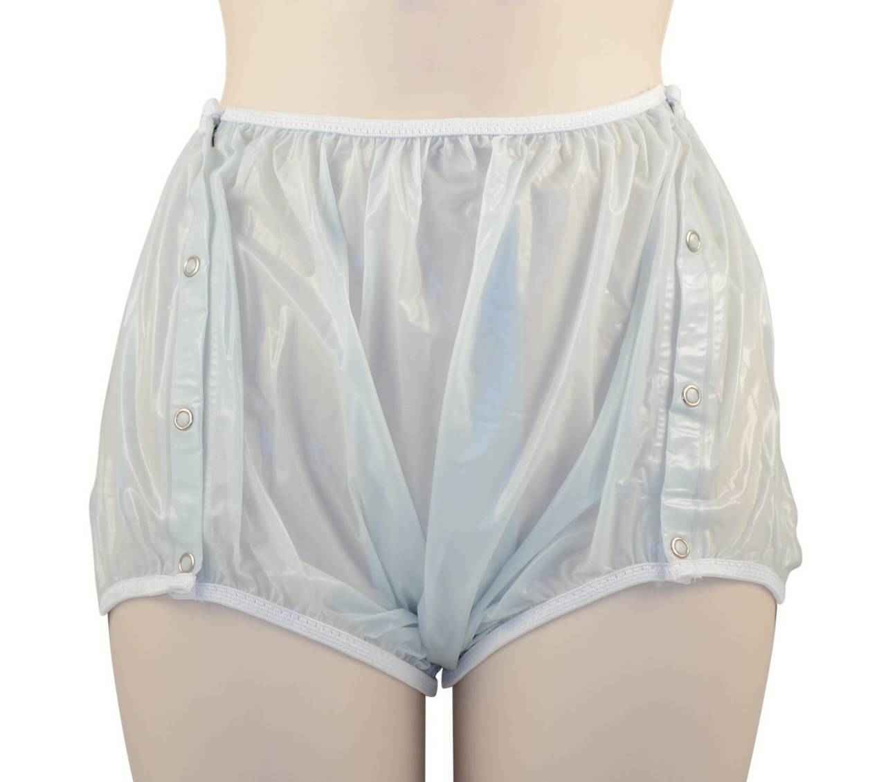 Translucent plastic snap-on pants, light blue tone, snap buttons at sides