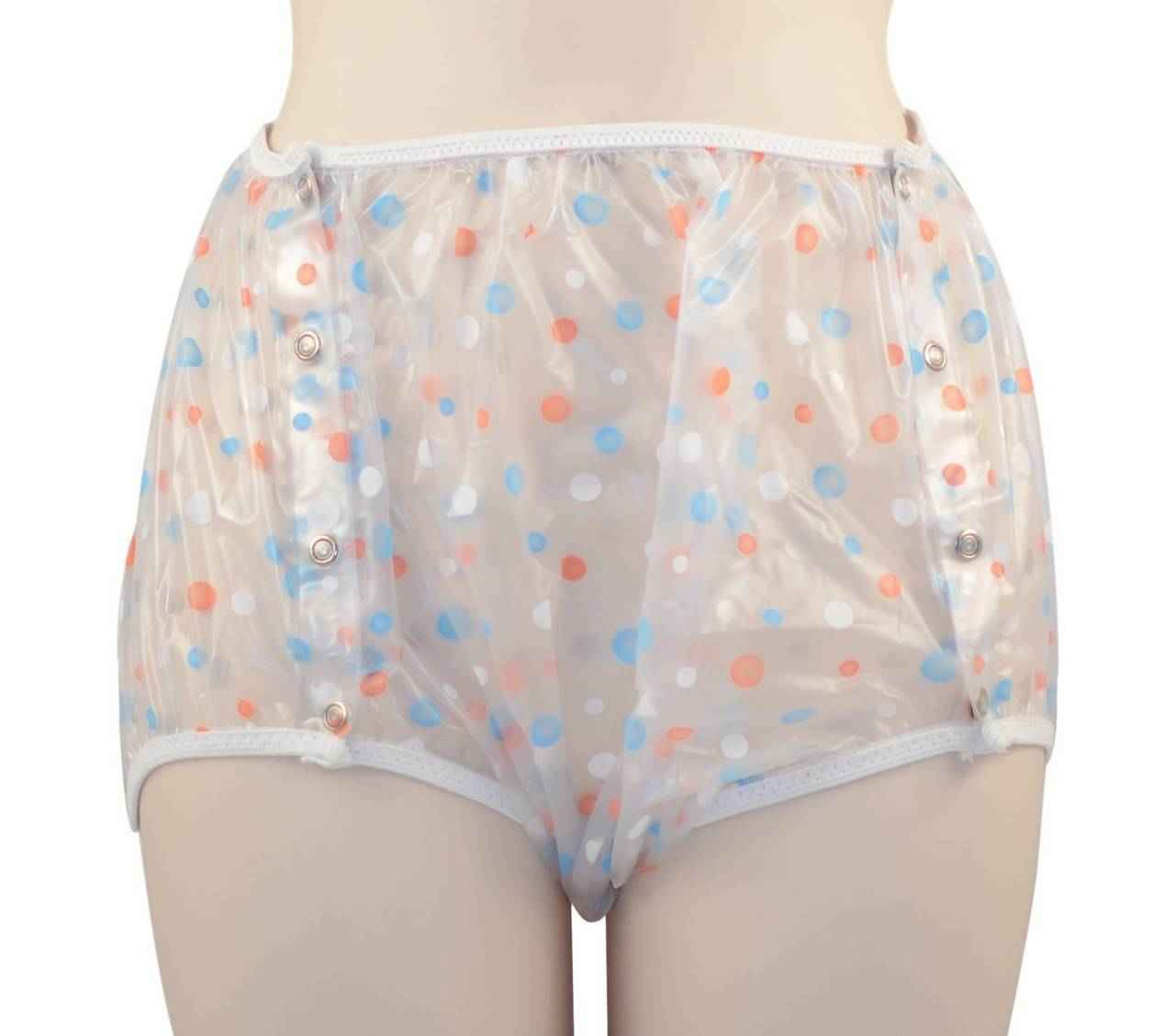 Translucent plastic snap-on pants with multicolor dot pattern, side snap buttons