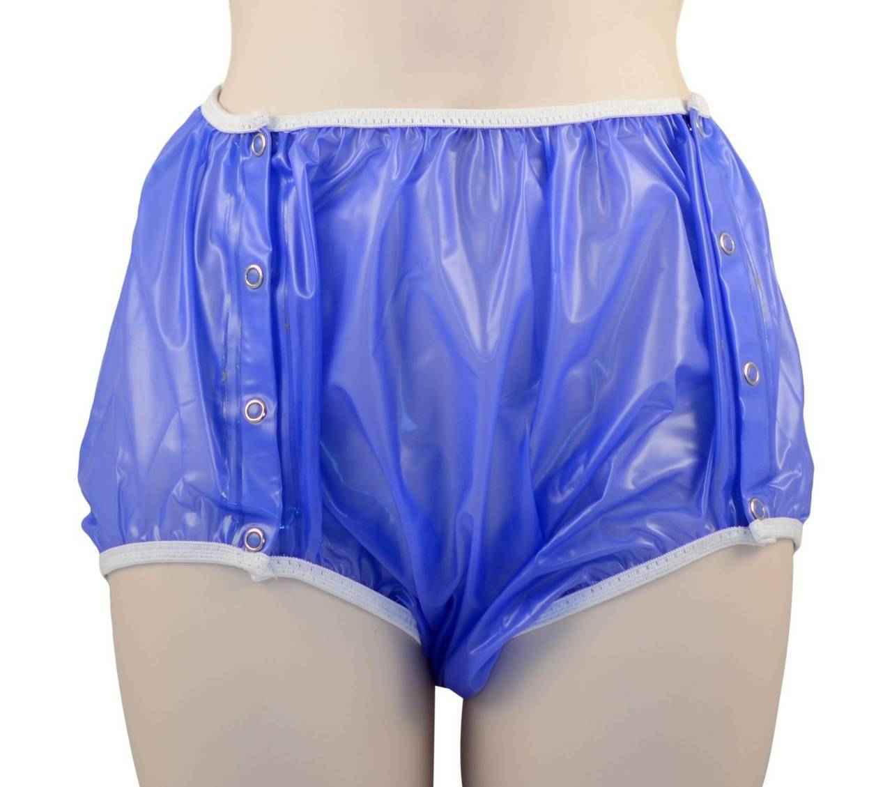 Sapphire blue snap-on plastic pants with front snap buttons and elastic waistband