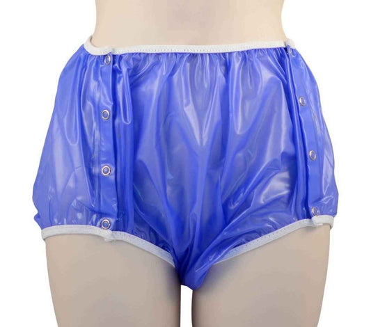 Sapphire blue snap-on plastic pants with front snap buttons and elastic waistband