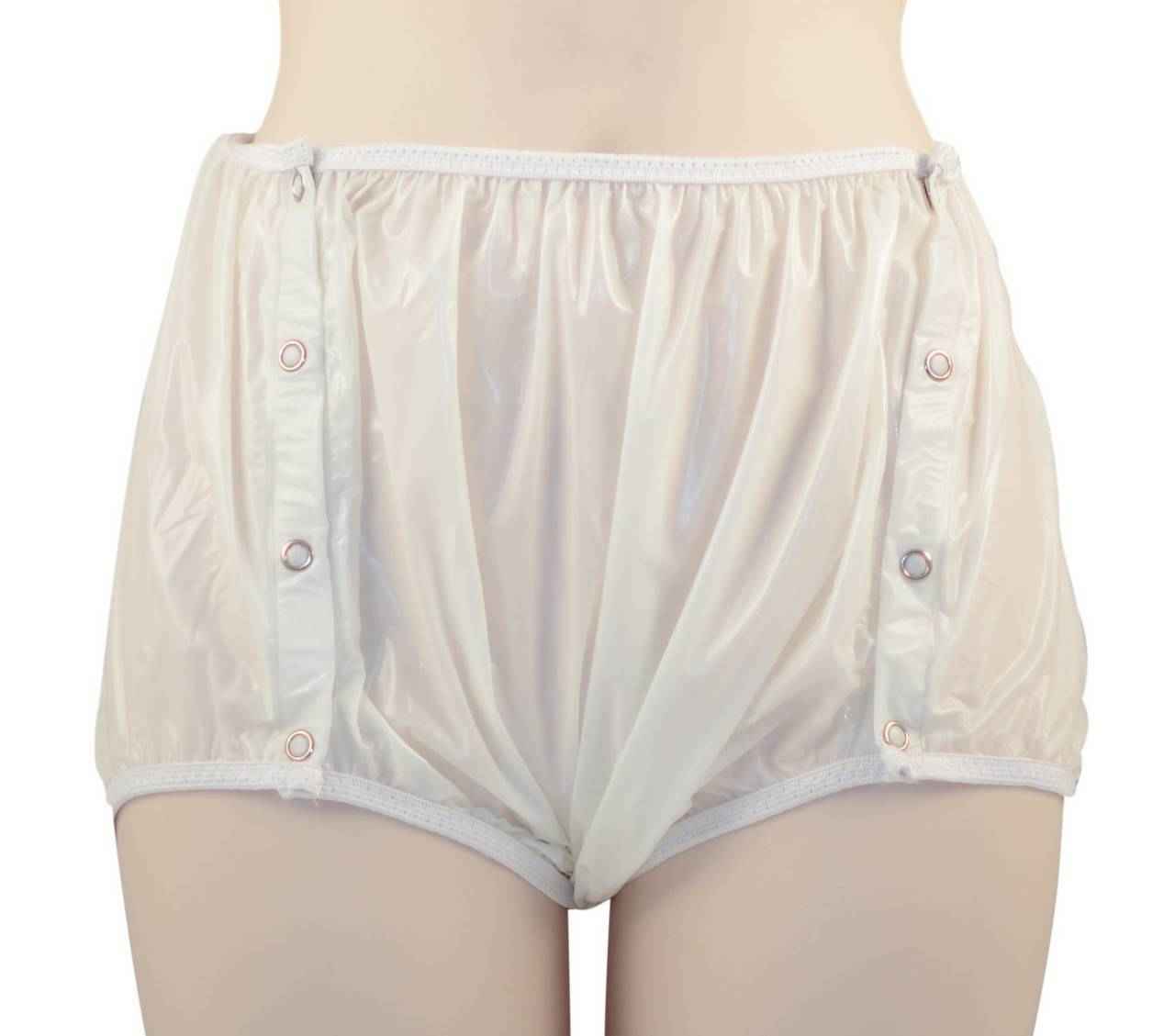 Milky white snap-on plastic pants with side snaps and elastic waistband