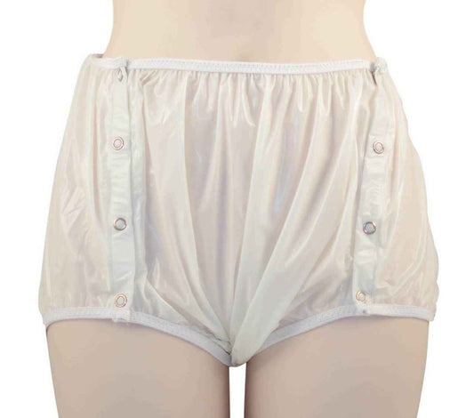 Milky white snap-on plastic pants with side snaps and elastic waistband