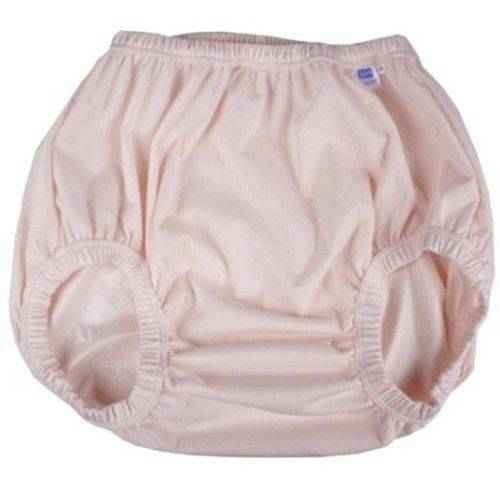 Pink adult diaper cover with elastic leg openings and stretch waistband