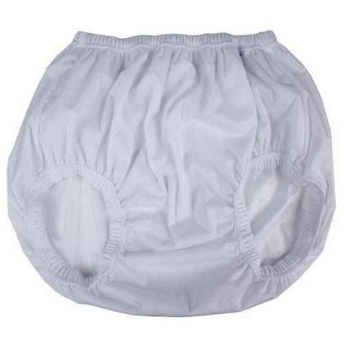Light gray adult diaper cover with elastic leg openings and contoured rear
