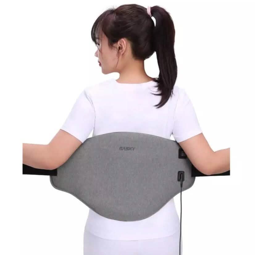 Gray electric heating pad for lower back and abdomen, with power cable