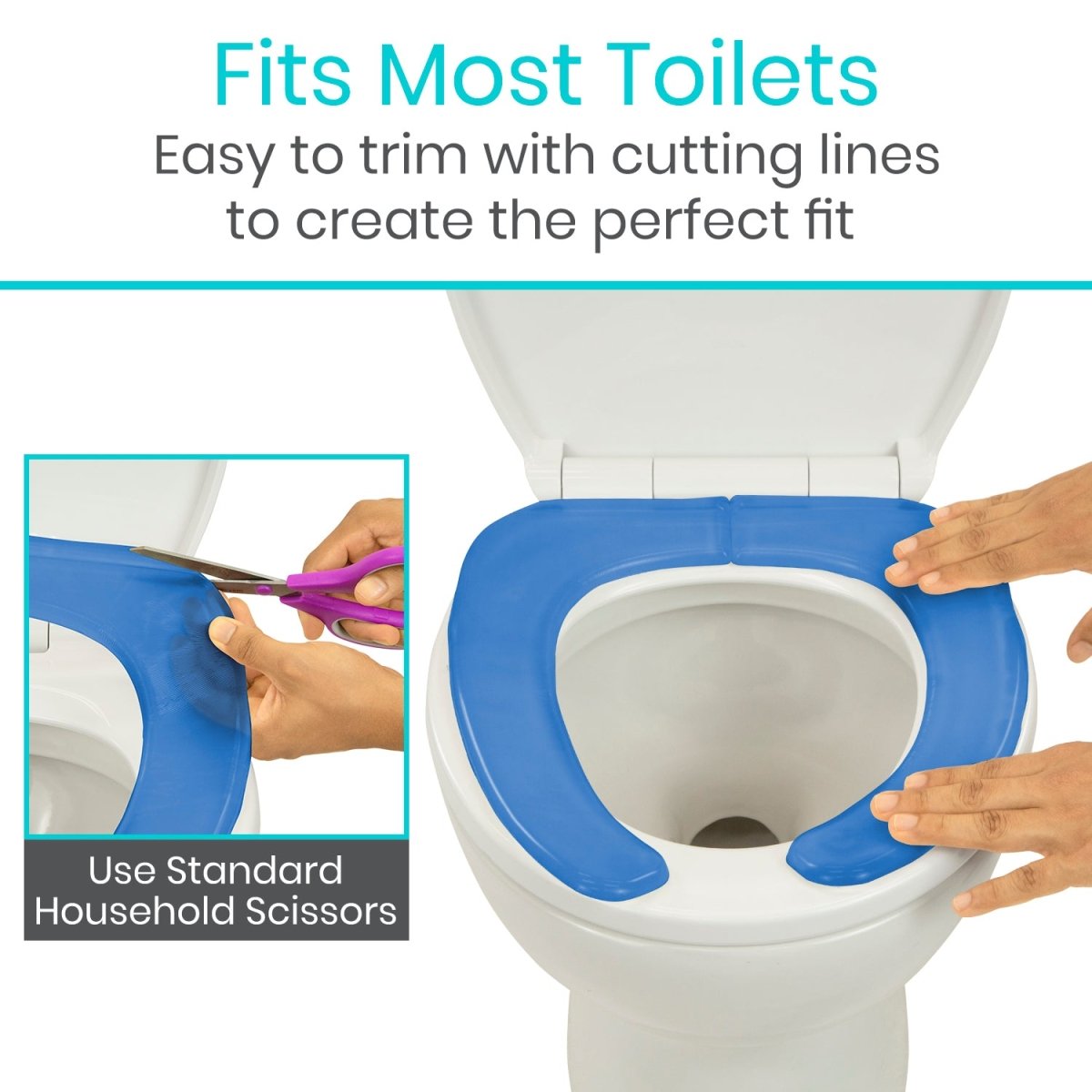 Blue gel toilet seat cushion with trimming lines, hands fitting on toilet seat