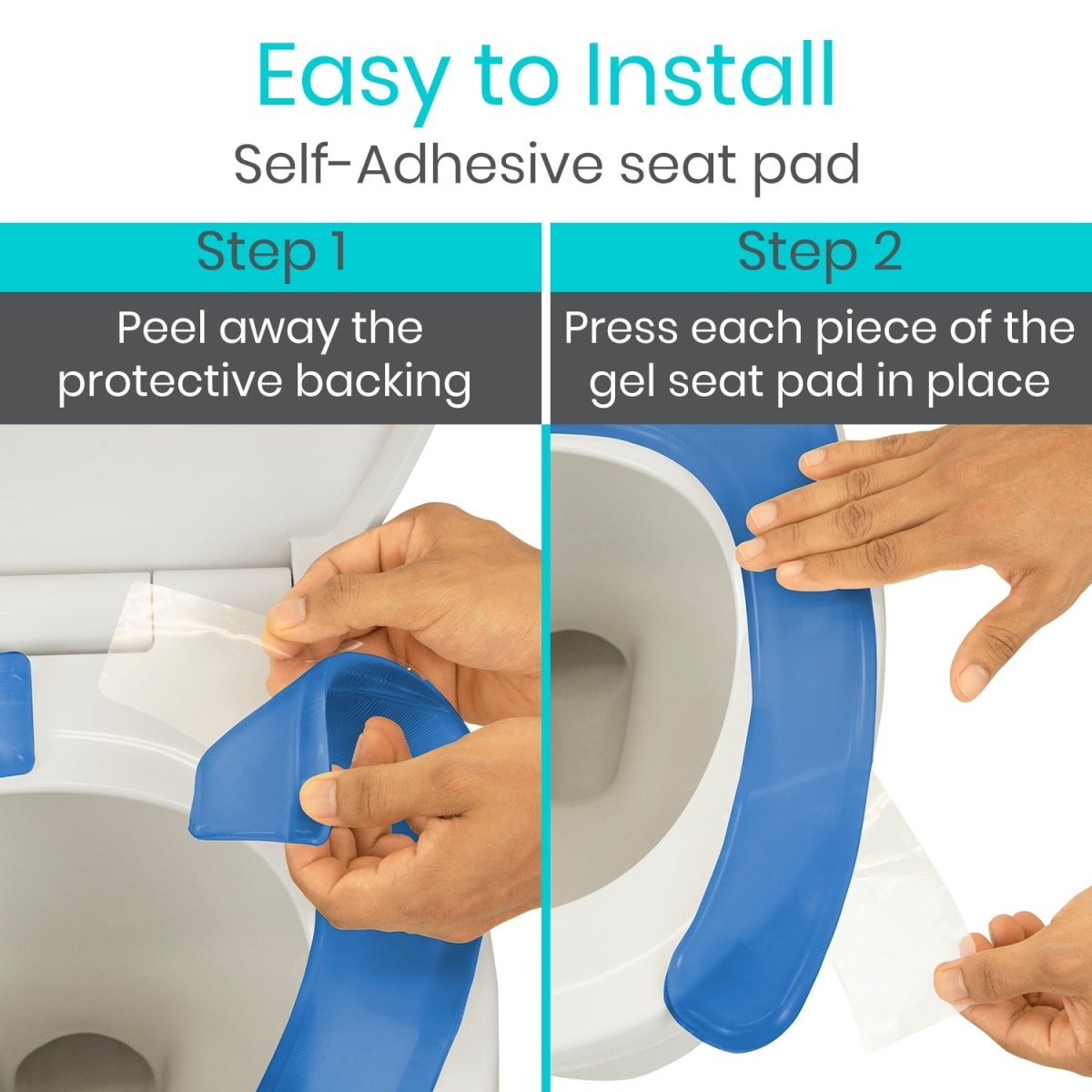Blue self-adhesive gel toilet seat pad being pressed onto toilet seat
