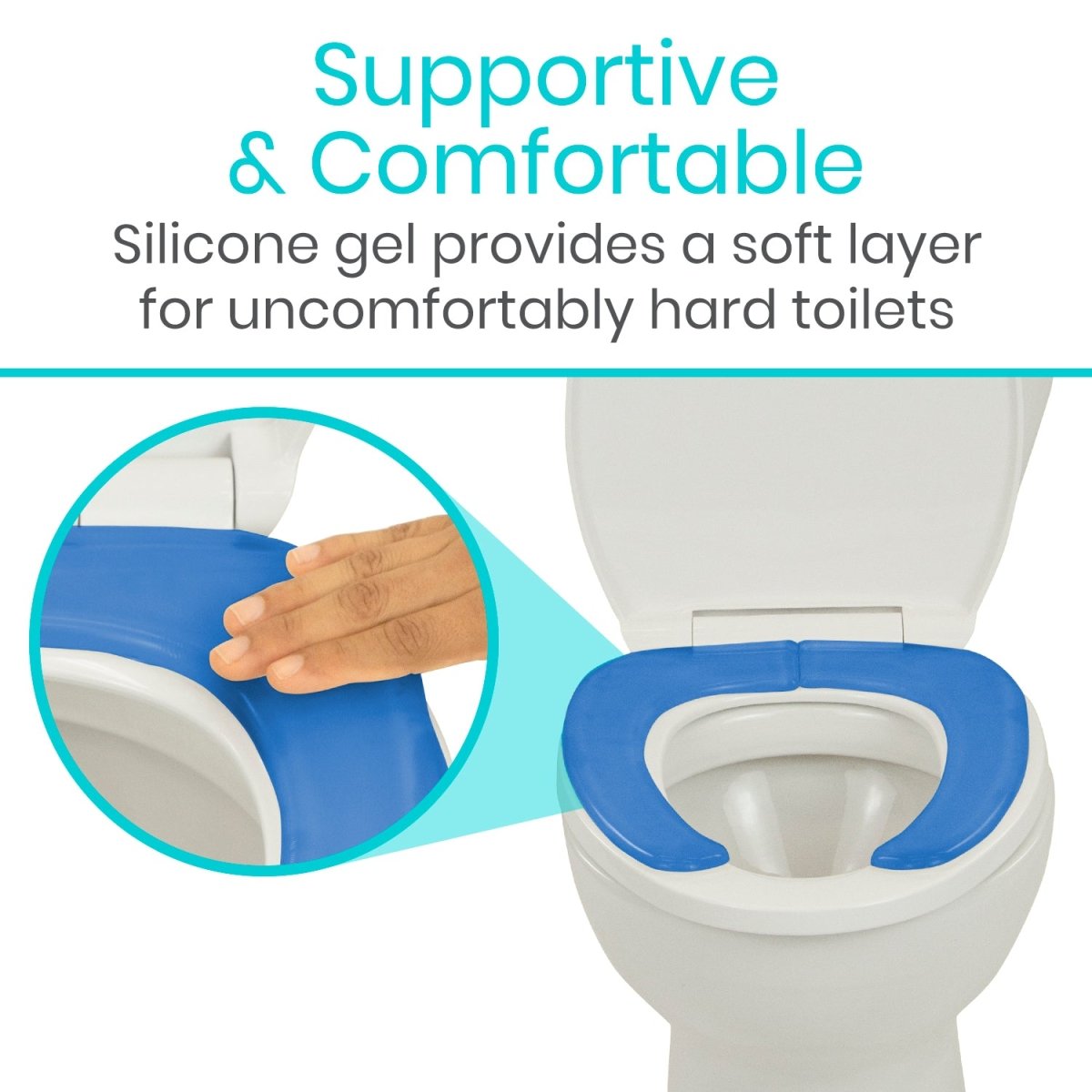 Blue silicone gel toilet seat cushion on toilet, padded around oval opening