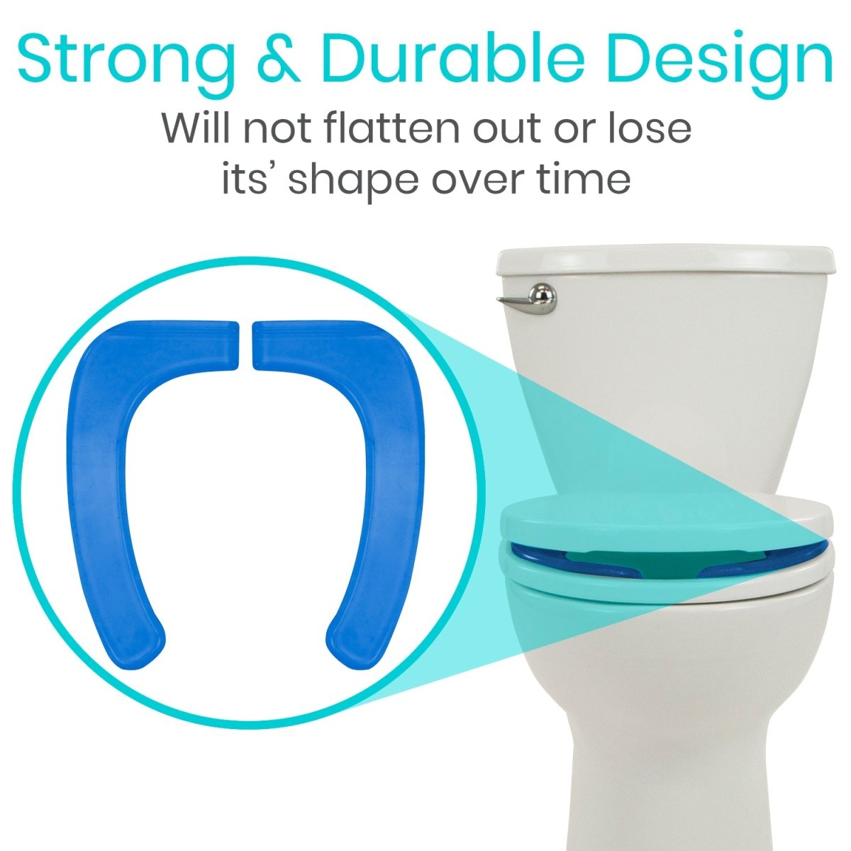 Blue gel toilet seat cushion snug on toilet, U-shaped pad shape