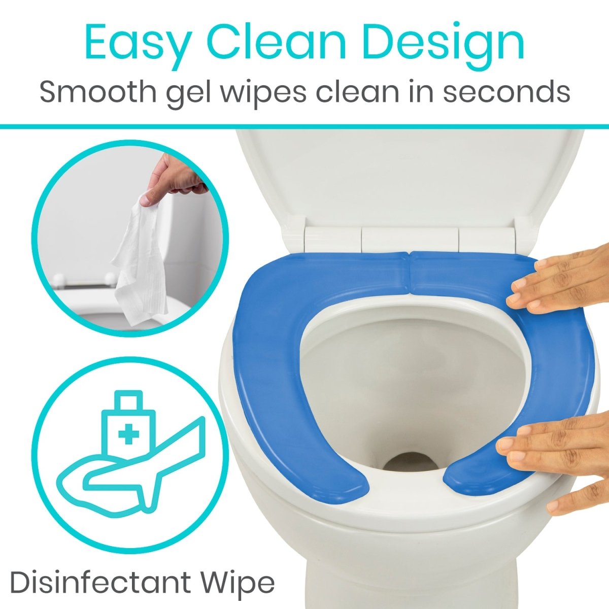 Blue gel toilet seat cushion fitted on toilet seat with raised comfort edges