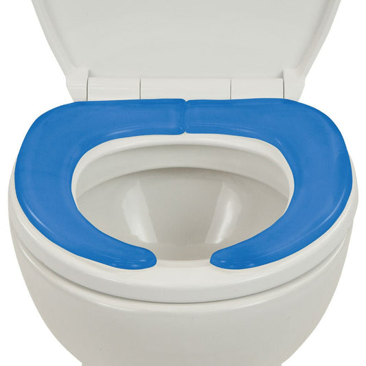 Blue gel toilet seat cushion with oval cutout and U-shaped comfort edges