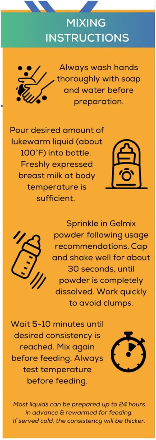 Mixing instructions for Gelmix thickener: dissolve powder, wait 5–10 minutes, test temperature
