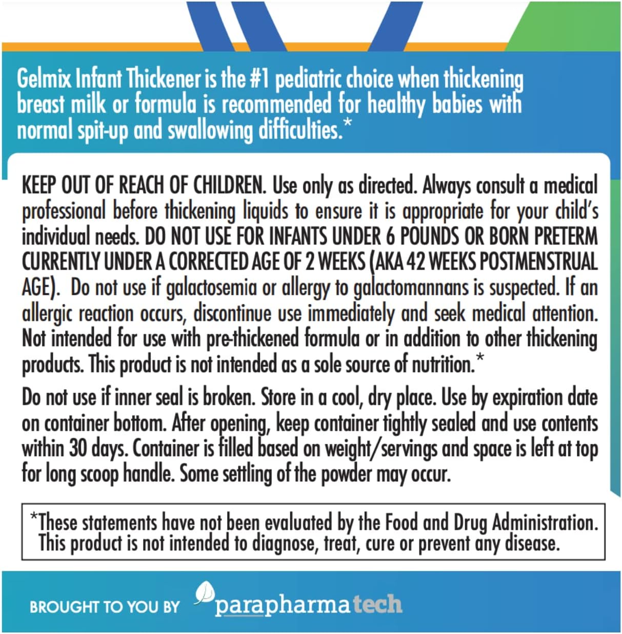 Infant thickener label with pediatric #1 choice and keep out of reach warning