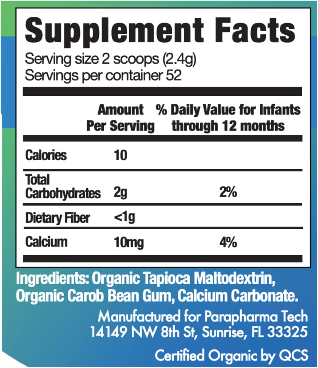 Supplement facts for infant thickener: 2 scoops (2g), 10 calories, ingredients listed
