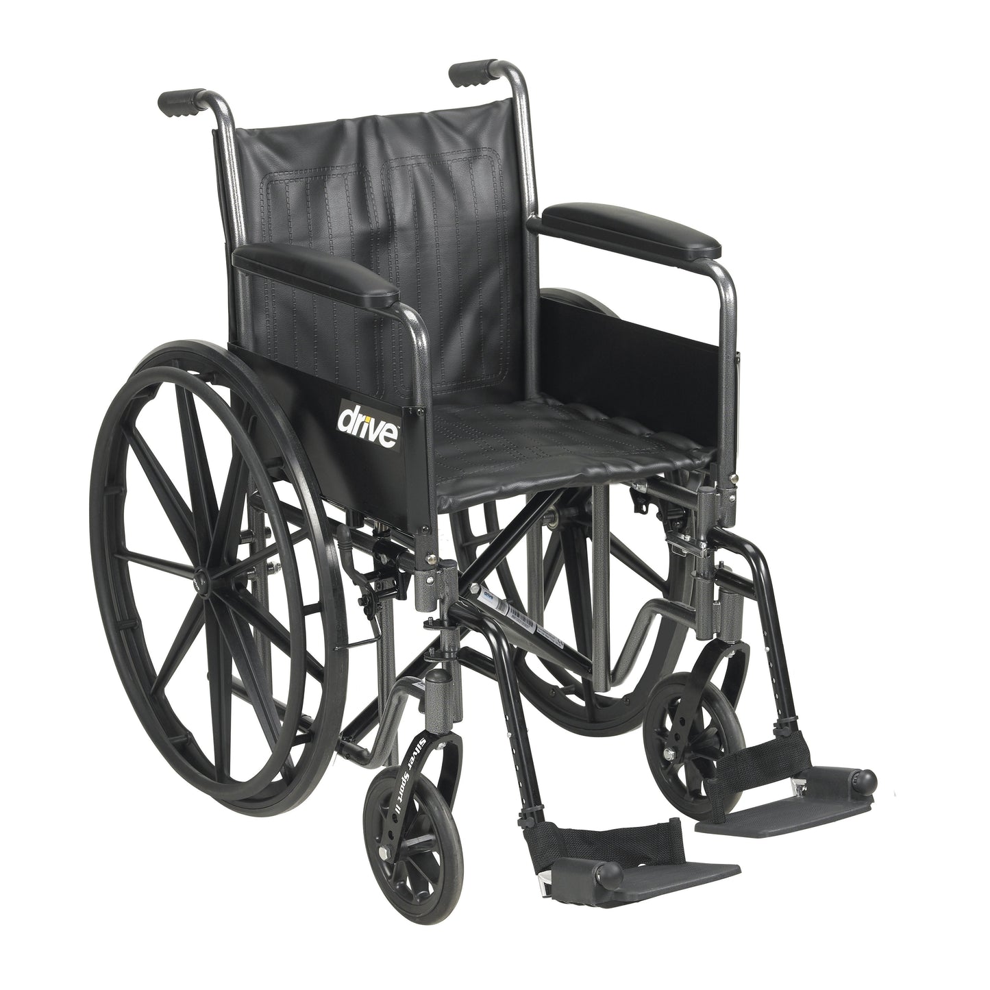 Black wheelchair with detachable full arms and swing-away footrests, 18" seat