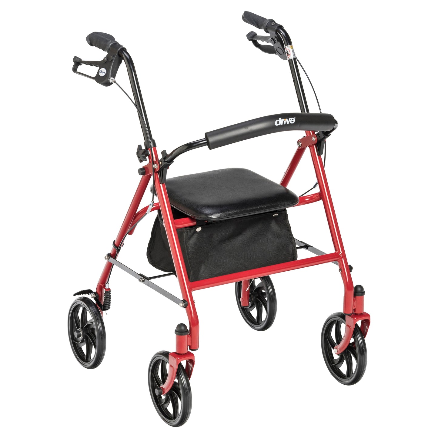 Red four-wheel rollator with black padded seat and folding back support