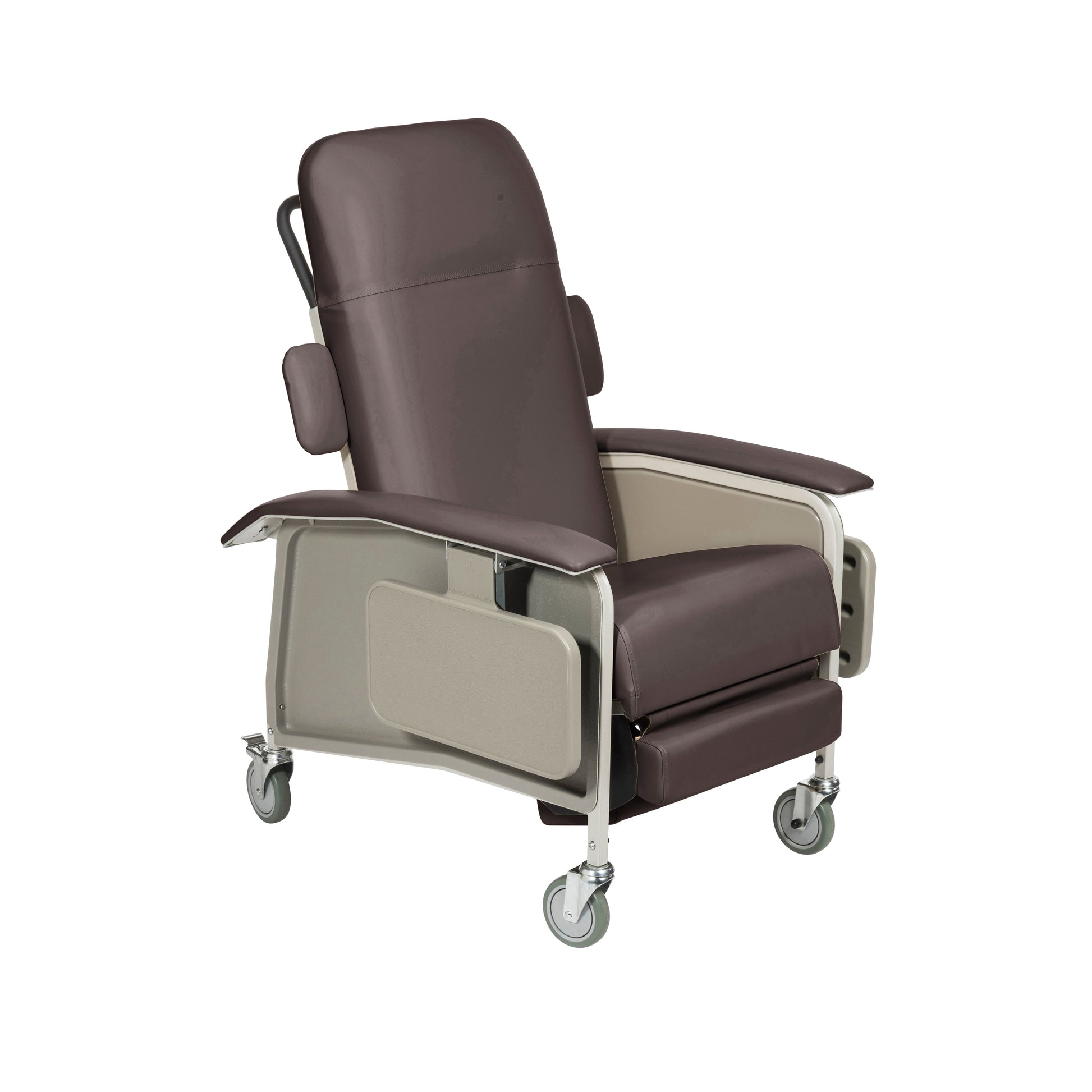 Chocolate brown geriatric recliner chair with armrests, side storage panel, and casters