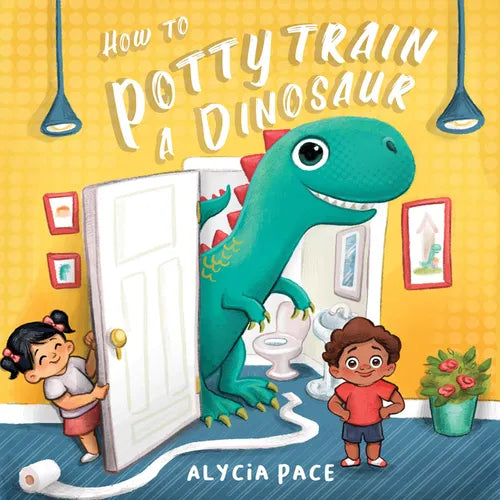Potty training dinosaur board book cover with teal dinosaur and child at bathroom toilet