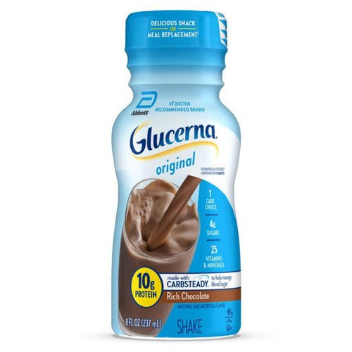 Glucerna nutritional shake bottle with rich chocolate flavor label, 8 fl oz