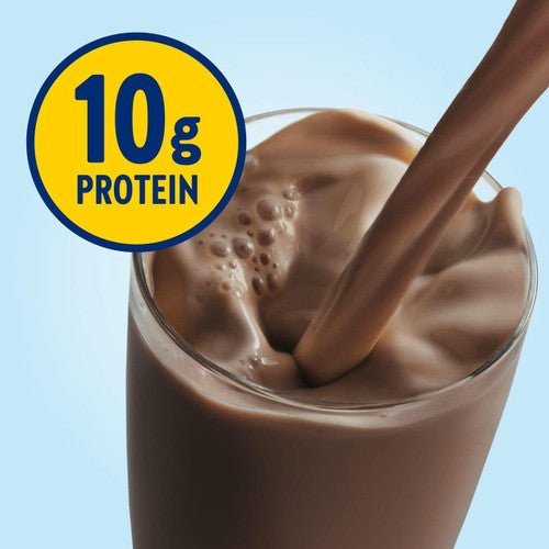 Chocolate shake in a glass with 10 g protein label