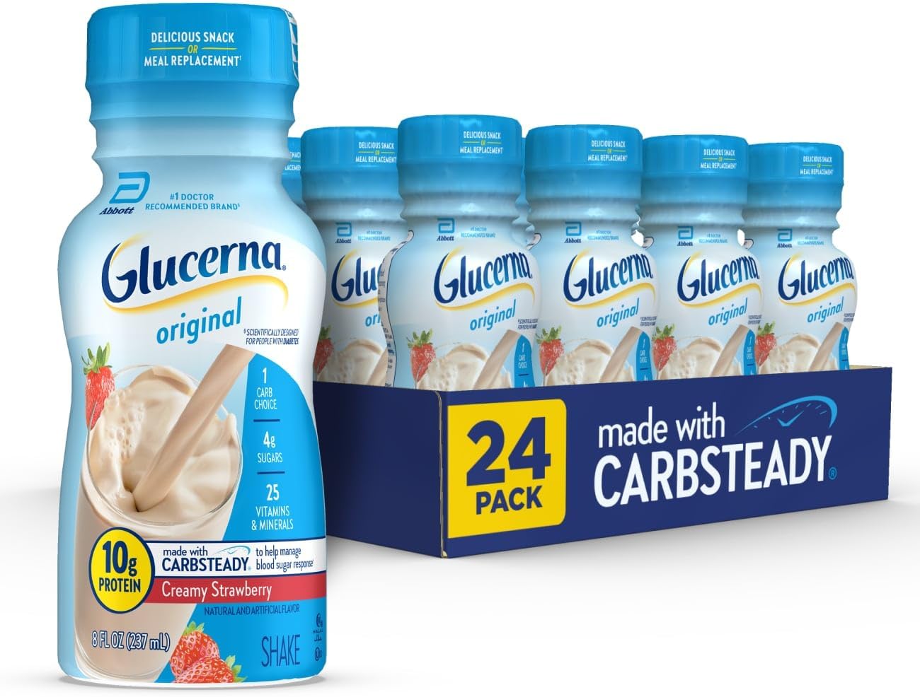 Glucerna Original strawberry creamy nutrition shake bottle, 8 fl oz, 24-pack carton