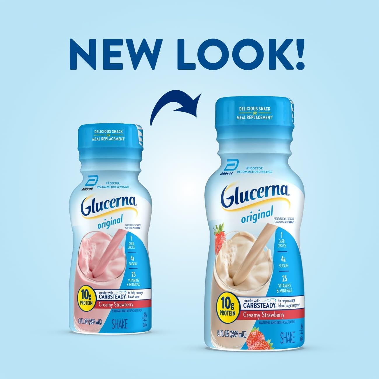 Two Glucerna Original shake bottles, creamy strawberry flavor, 8 fl oz each