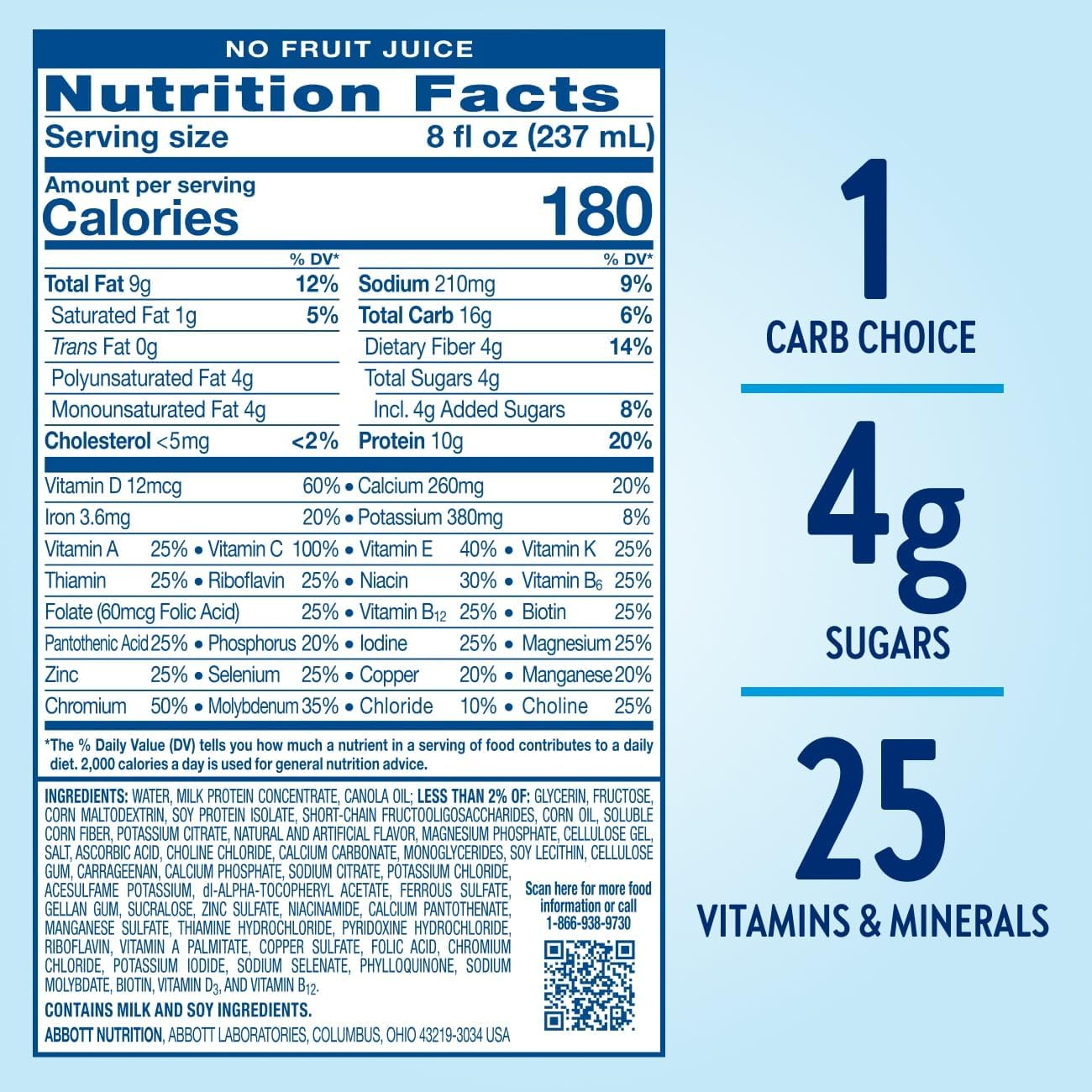 Nutrition Facts panel for Glucerna Original shake: serving size 8 fl oz