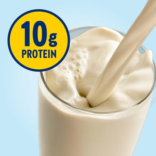 Creamy vanilla shake in a glass with 10g protein badge