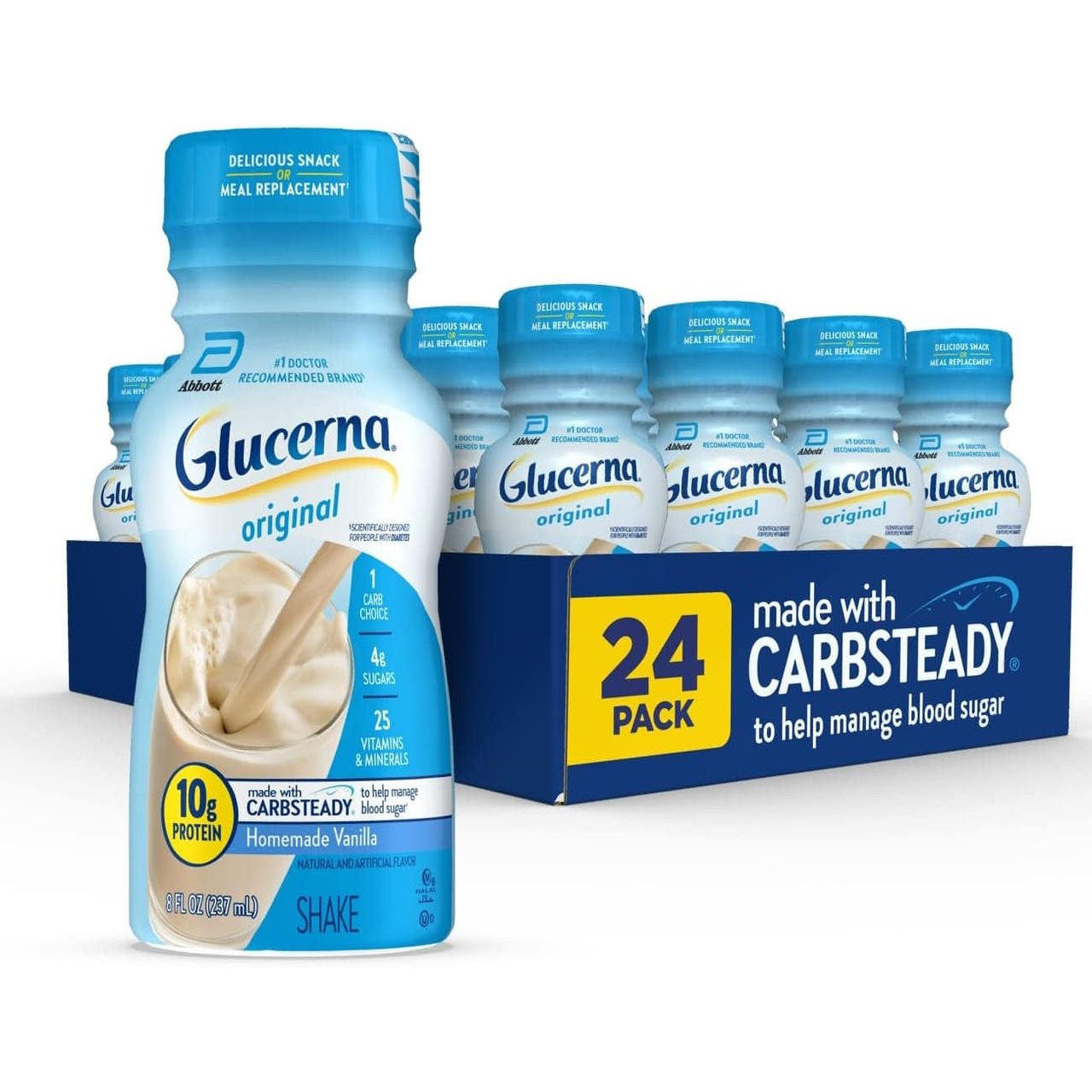 Glucerna Original vanilla nutritional shake bottles, 24-pack carton with multiple drinks