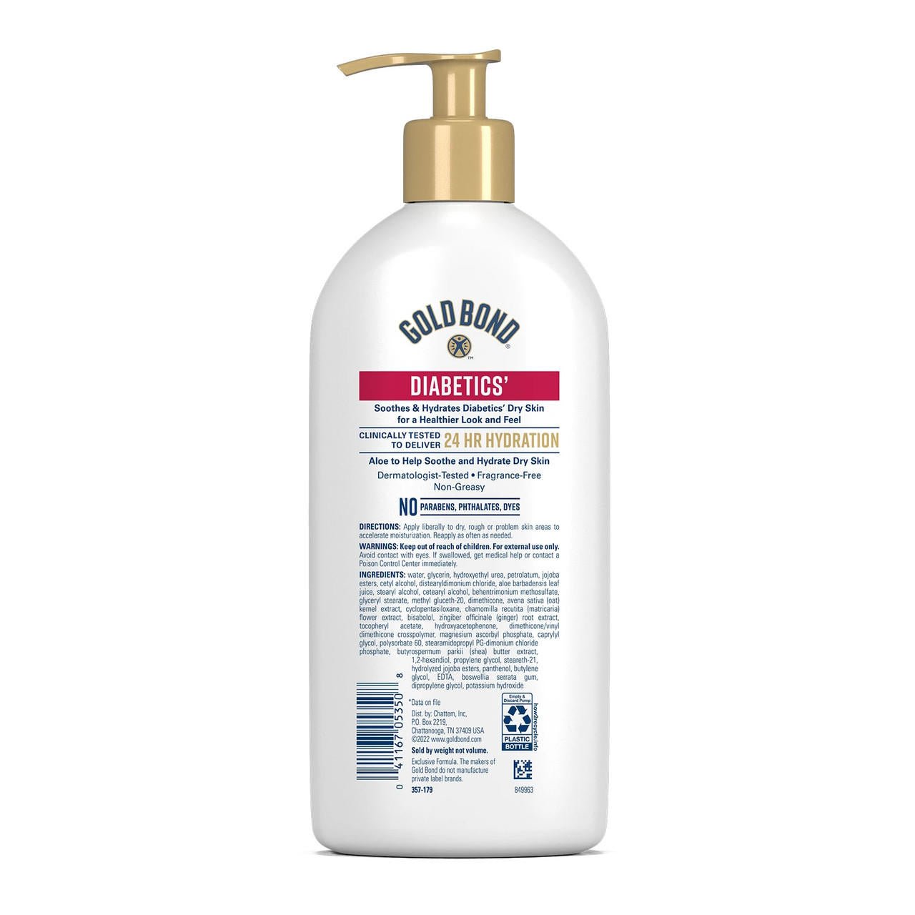 Gold Bond Diabetics' dry skin relief non-greasy, fragrance-free pump bottle back label