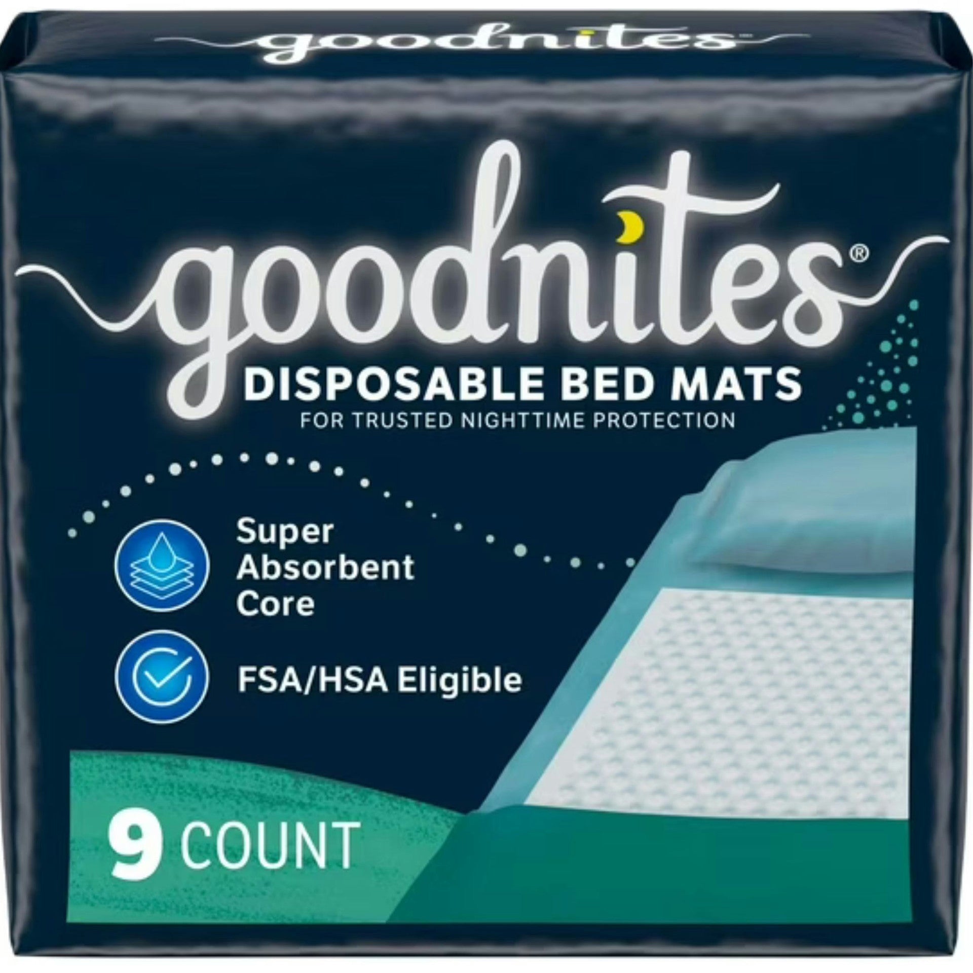 GoodNites disposable bed mats box, 9-count pack, super-absorbent core protection