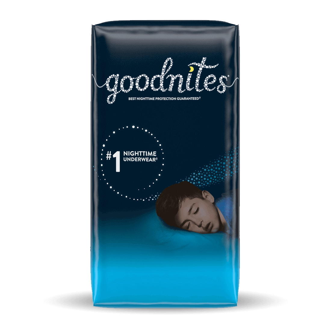 Youth nighttime underwear pack box, dark blue with “GoodNites” graphics