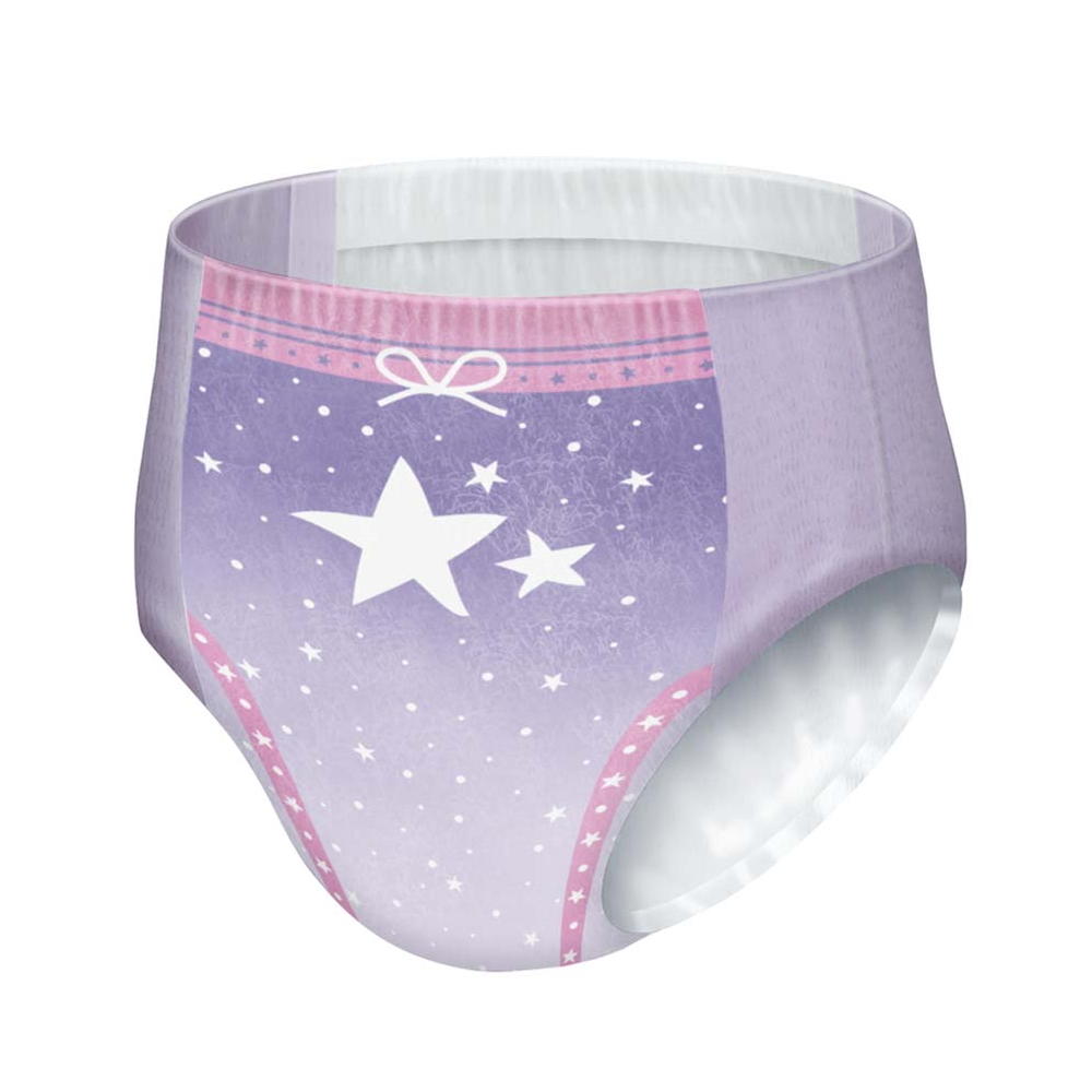 Girls nighttime underwear with purple star pattern and pink trim