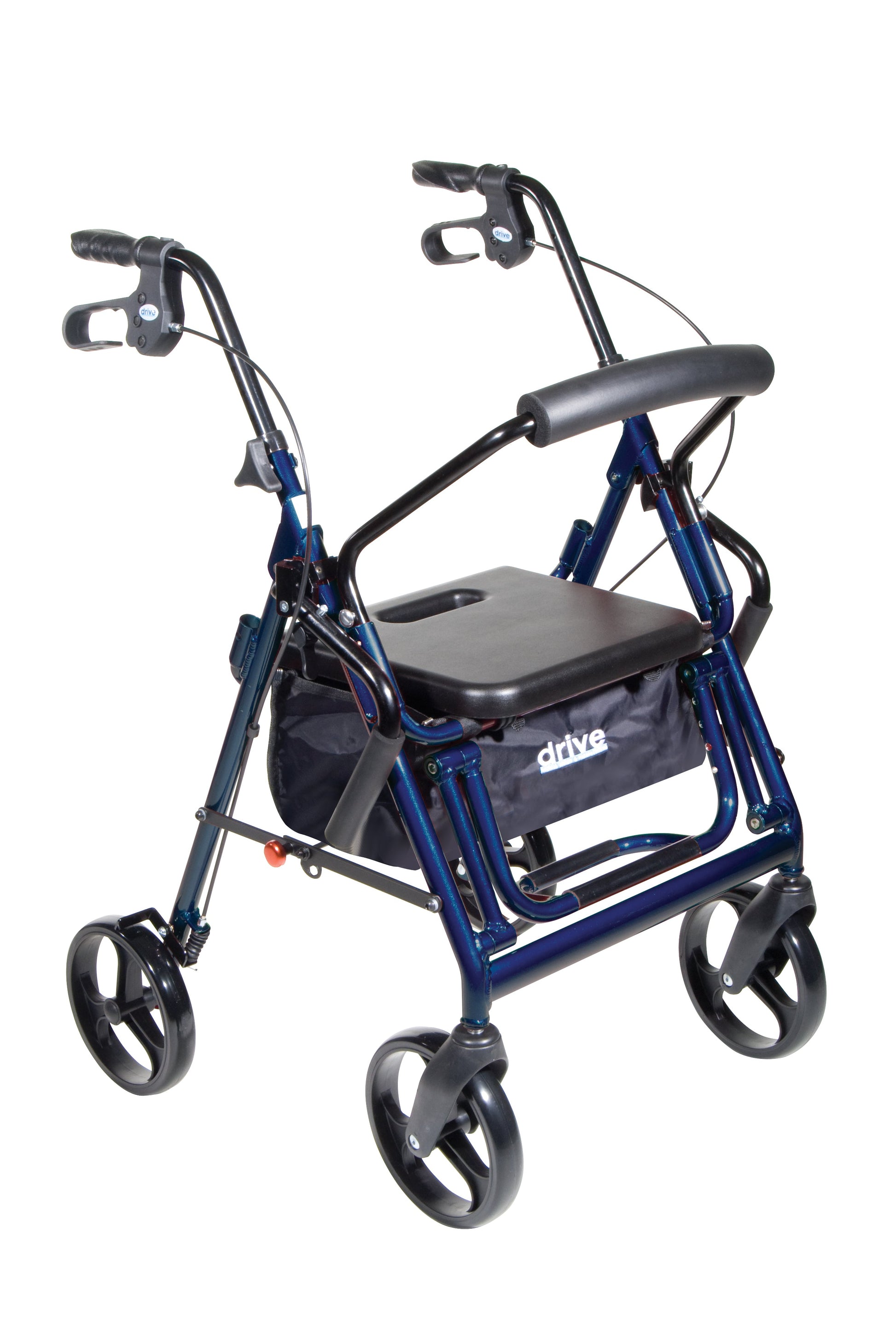 Blue rollator transport wheelchair with padded seat and height-adjustable push handles