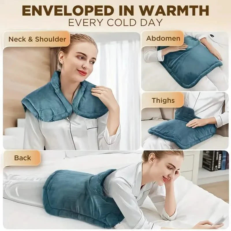 Blue heated shawl worn on neck & shoulders, abdomen, thighs, and back