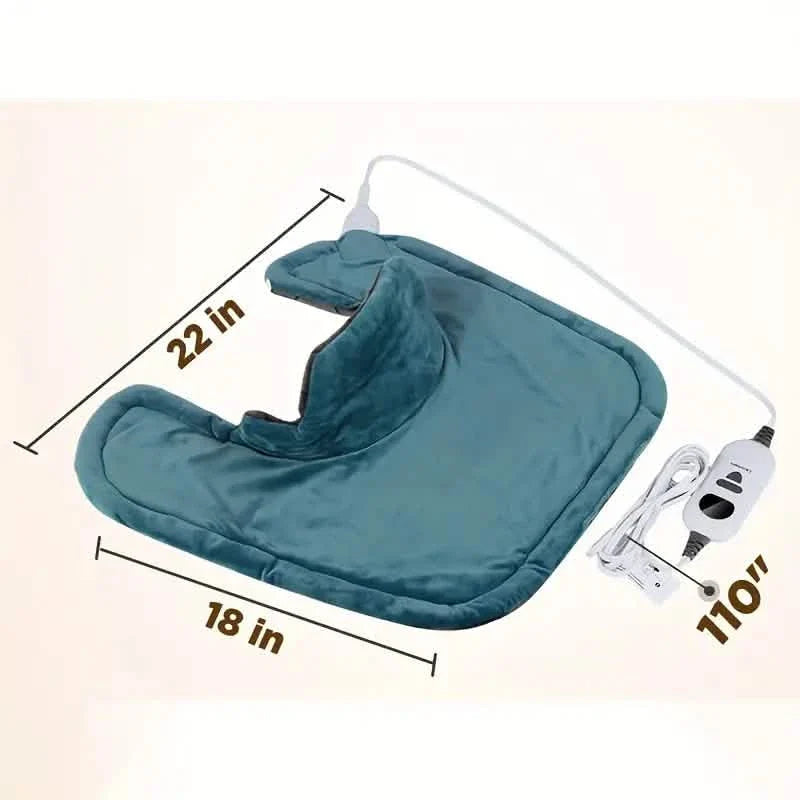 Blue heated shawl pad with size labels 18 in and 22 in, controller cable attached