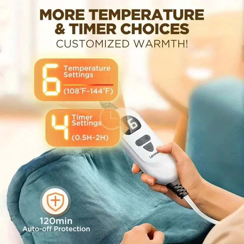Blue heated shawl with handheld controller showing temperature settings and timer control