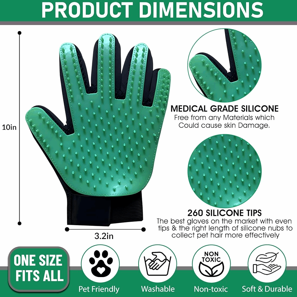 Green grooming glove with black accents, showing product dimensions and features on a green background.