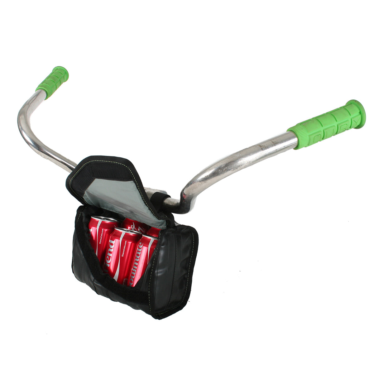 Black cooler handlebar bag with open top showing red drinks inside