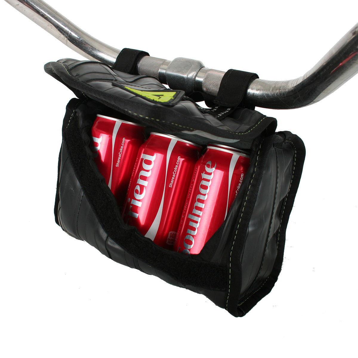 Black cooler handlebar bag with red cans inside and padded divider