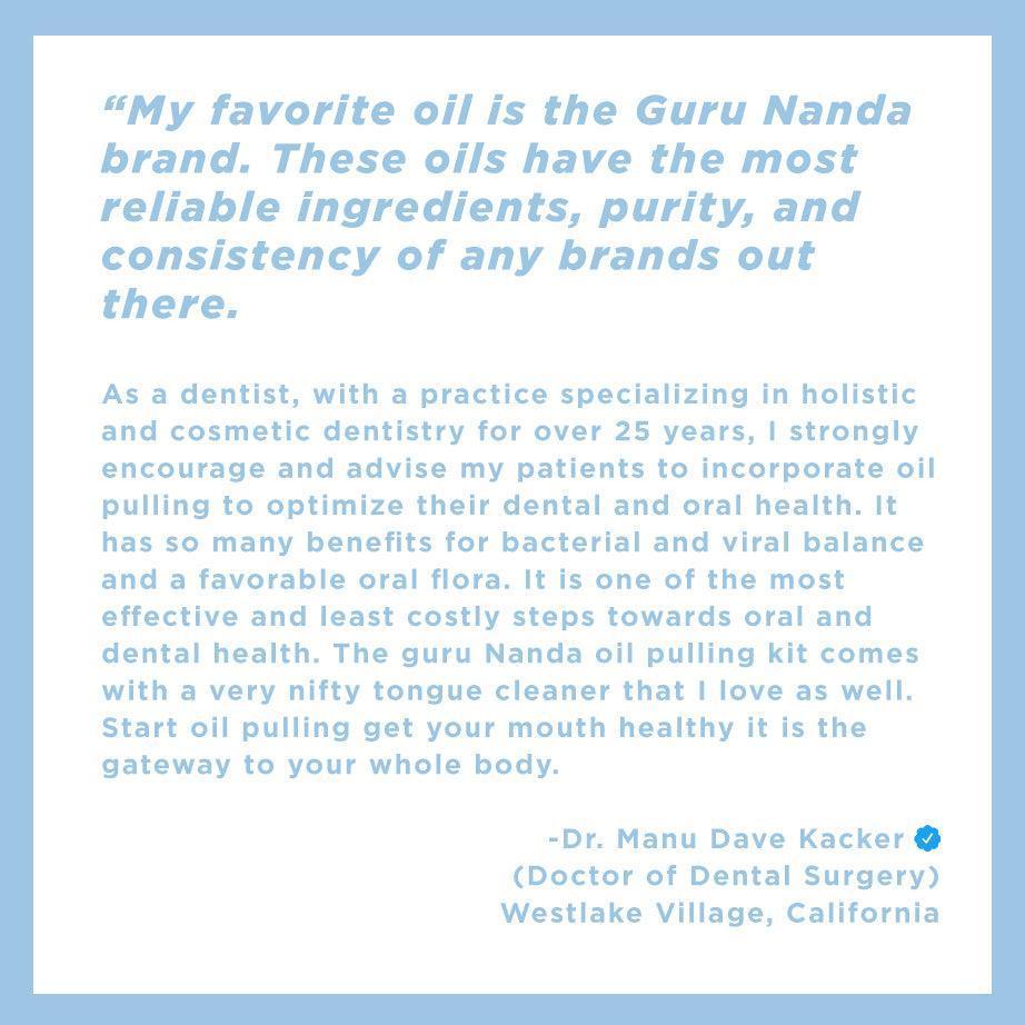 Printed testimonial card with dentist quote for oil pulling kit, blue text